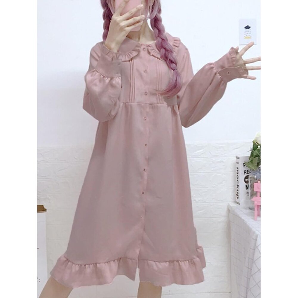 Japanese Lolita Dress Women Girls Kawaii Chiffon Long Sleeve Midi Dress - Picture 4 of 7